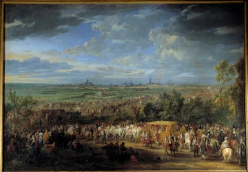 XIV. Lajos király és Marie Terézia királyné között 1667. július 30. Arrasban”” Adam Van Der Meulen (1632-1690) festménye 17. századi V. 2,32 x 3,31 m