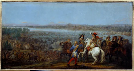 Holland háború: „” a Rajna átkelőhelye 1672. 06. 12-én” XIV. Lajos király (1638-1715) és II. Bourbon Lajos, Conde hercege (Bourbon-Conde) (Grand Conde) (1621-) seregei 1686) áthalad a Rajnán Tolhuisba. Adam Frans van der Meulen (1632-90) festménye M