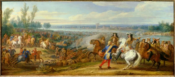 Holland háború: „” a Rajna átkelőhelye 1672. 06. 12-én” XIV. Lajos király (1638-1715) és II. Bourbon Lajos, Conde hercege (Bourbon-Conde) (Grand Conde) (1621-) seregei 1686) áthalad a Rajnán Tolhuisba. Adam Frans van der Meulen (1632-1690) festménye