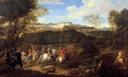 XIV. Lajos király (1638-1715) és az udvar vadászata a meudoni kastély láttán Adam Frans Van der Meulen (1632-1690) iskolájából származó festmény 17. század V. 0,77x1,27
