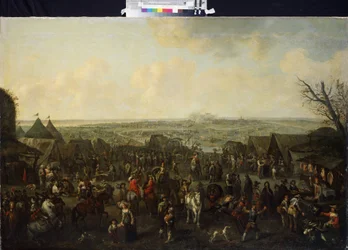 ""Egy város ostroma" (The siege of a town) A mindennapi élet jelenete egy ostromlott városban. Adam Frans van der Meulen (1632-1690) festménye, 17. századi Ermitázs Múzeum Szentpétervár