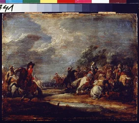 Csata. Csata. Adam Frans van der Meulen (1632-1690) festménye, 1660 körül. Olaj, fa. Flamand művészet, barokk stílus. Puskin Szépművészeti Múzeum, Moszkva