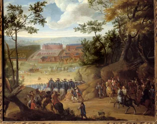 Versailles látképe 1664-ben XIV. Lajos francia királlyal (1638-1715) és egy csapat testőrrel. Adams Frans Van der Meulen (1632-1690) festménye