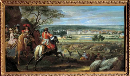 Fontainebleau kastélyának kilátása 1669-ben, XIV. Lajossal (1638-1715) és Ausztriai Mária Teréziával (1638-1683) Adam Frans van der Meulen (1632-1690) festménye 1669 V. 0,53x0,95 m.