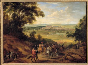 A Versailles-i kastély látképe, Satory XIV. Lajos (1638-1715) magaslatairól, aki parancsot adott a vadásztisztnek, a versailles-i kastélyra nézve, a Satory magaslatán. Adam Frans van der Meulen (1632-1690) festménye. 1664 S