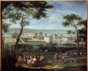 Vincennes kastélyának látványa 1660 körül: XIV. Lajos francia király (1638-1715) és Marie-Therese osztrák (1638-1683) az előtérben Adam Van Der Meulen (1632-1690) festménye 1660 Dim. 1,10 x 1,35 m Párizs, Musee Carnavalet