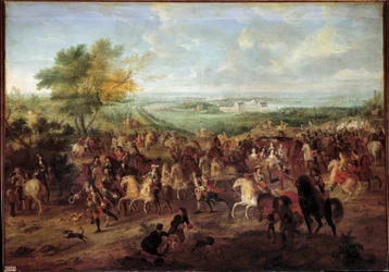 Séta XIV. Lajos király (1638-1715), Mária Terézia osztrák királynő, Dauphin Lajos és Dauphine kocsiján a versailles-i Clagny vára előtt Adam van der Meulen (1632-1690) festménye 1680 körül V. 1,4x1,9