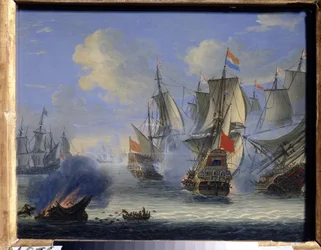Tengeri csata (A tengeri csata). Silo Ádám (1674-1757) festménye. Olaj, vászon, 25 x 33,5 cm. holland művészet, barokk művészet. Állami Művészeti Múzeum, Tula (vagy Tolan).