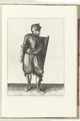 A gyakorlat a céltáblával és a karddal: a katona hátulról hozza a céltáblát a bal vállán át (2. sz.), 1618 A Nassausche Wapen-Handelinge, van Schilt, Kémek, Rappier és a célpont : figuerlick mellett ábrázolva, és az új rend szerint bekeretezve (...