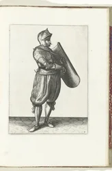 Gyakorlat a céltáblával és a karddal: a katona kissé előre tartja a céltáblát a kard megrajzolásához (4. sz.), 1618 A Nassausche Wapen-Handelinge, van Schilt, Kémek, Rappier és a célpont: Beyde Figuerlick ábrázolva, és az új rend szerint bekeretezve