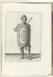 Fúró a céltáblával és a karddal: a katona a céltáblát a mellkasa elé, a kihúzott kardot a bal vállához tartja (6. sz.), 1618 A Nassausche Wapen-Handelinge, van Schilt, Kémek, Rappier és a Célpont: Beyde Figuerlick ábrázolva, ende keretezve