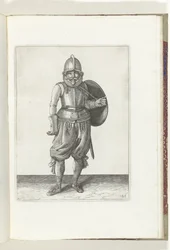 Gyakorlat pajzzsal és lándzsával: a katona bal karjával visszahozza a pajzsot a hátára (26. sz.), 1618 A Nassausche Wapen-Handelinge, van Schilt, Kémek, Rappier ende Targe : a figura ábrázolja, és az új sorrend szerint [of] (..