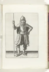 A pajzs és tüske gyakorlat: A katona nyugalomban, tüske a kézben és pajzs a háton (1. sz.), 1618 A Nassausche Wapen-Handelinge, van Schilt, Kémek, Rappier és a célpont: beyde figuerlick ábrázolva, ende az új rend szerint keretezve (