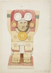 Caryatid a külső kamrából, A templom, labdapálya, Chichen Itza, Mexikó (akvarell)