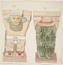 Caryatid a külső kamrából, A templom, labdapálya, Chichen Itza, Mexikó (akvarell)