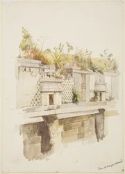 Casa de Monjas, Uxmal, Mexikó A romok felső emeletének festménye (akvarell)