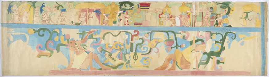 Egy falfestmény másolata a délnyugati falról, a Jaguárok felső temploma, Chichen Itza, Mexikó (akvarell és testfesték)