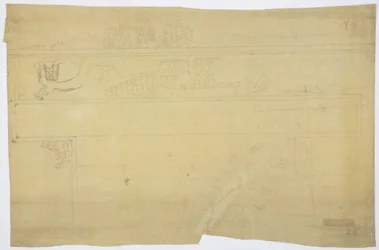 Egy falfestmény nyomkövetésének másolata az ajtó felett, Jaguárok felső temploma, Chichen Itza, Mexikói ceruza „Emberáldozat” (grafit)