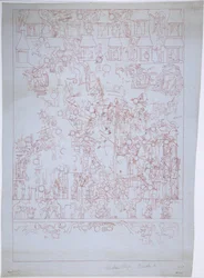 Rajz a déli falról, a Jaguárok felső templomáról, Chichen Itza, Mexikó (vörös tintával)