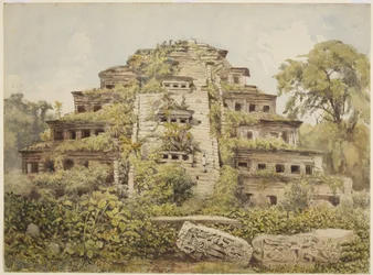 Romos templom festménye (A fülkék piramisa) El Tajinban, Papantla, Mexikó (akvarell)