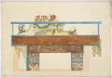 Egy falfestmény negyedléptékű másolata nyugati fal, Jaguárok felső temploma, Chichen Itza, Mexikó (akvarell, testfesték, grafit)