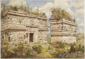 Romok Chichen Itzában, Yucatan, Mexikó Az A épület és az Iglesia keleti homlokzatát ábrázolja (akvarell)