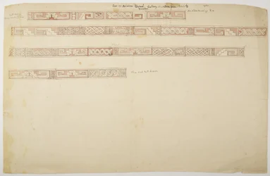 Romok/kő domborművek az Uxmal-i templomban, Mexikó Frizeket ábrázoló (akvarell)