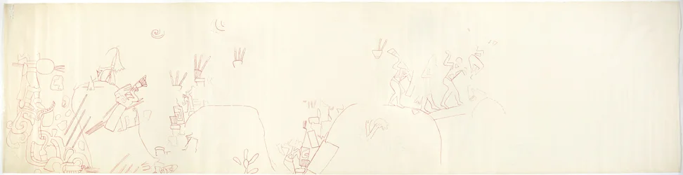 Egy falfestmény nyomon követése a keleti falról, a Jaguárok felső temploma, Chichen Itza, Mexikó (vörös tinta és   grafit)