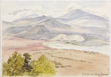 Kilátás a Cerro del Calvario, Patzcuaxo felől a papír egyik oldalán, a másikon az ősi erőd és a kőhalmok, az Iguatcho Cerro del Calvarioból, Patzcuaro, Michoacan, Mexikó (akvarell)