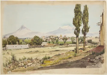 Popocatépetl és Iztaccihuatl vulkánok, Puebla, Mexikó (akvarell)