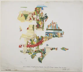 Falfestmény boltozatról egy nagy kamrában a Casa de Monjasban, Chichen Itza, Yucatan, Mexikó (akvarell)