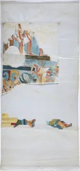 Akvarell vászon típusú papíron Falfestmény nyomon követése egy nagy kamrában lévő boltozatról, Casa de Monjas, Chichen Itza, Mexikó (akvarell és testfesték)
