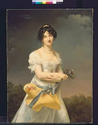 Amélie-Justine Laidin de la Bouterie portréja (nee Pontois) virágokkal teli kalappal a kezében