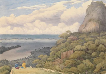 "Bora Bora [Társadalom-szigetek], a sziget keleti oldalán lévő főfalu feletti romos bennszülött erődből, 1849. szeptember 5.