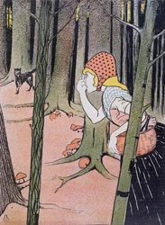 Piroska látja a farkast az erdőben, illusztráció a Jugendből, amely 1896-ban jelent meg Münchenben