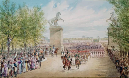 I. Sándor cár (1777-1825) felmászik seregével a Champs Elysees-re Párizsban 1814-ben. Adolf Charlemagne (1827-1901) festménye