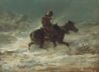 Férfi Lance-szel, lovagol a havon, 1880 körül