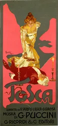 Liberty stílusú plakát Giacomo Puccini (1858-1924) „La Tosca” című operájához, 1906, méretek: 30x13,5 cm, Adolfo Hohenstein (1854-1928) illusztrációja, Milánó, magángyűjtemény
