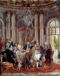 II. Frigyes porosz király (1712-1786) kerekasztala Voltaire-rel, François Marie Arouet de Voltaire-rel (1694-1778) és Christoph Ludwig von Stillével (1696-1752) a Sanssouci-palotában