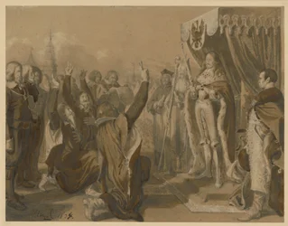 Friedrich Wilhelm brandenburgi választófejedelem 1663. október 18-án Königsbergben átveszi a porosz rendek örökletes hódolatát. Terv a „Brandenburg-Porosz történelem emlékezetes eseményei” című műhöz