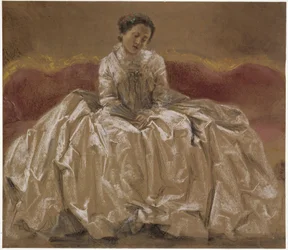 Modellvázlat (Menzel húga, Emilie) Wilhelmine porosz hercegnőről (Wilhelmine bayreuthi őrgrófnő), aki a kanapén ül. Elővázlat a „Nagy Frigyes fuvolakoncertje Sanssouci-ban” című festményhez