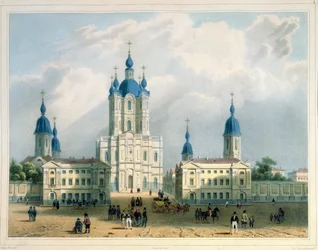 A szentpétervári Szmolnij-kolostor, Edouard Jean-Marie Hostein (1804-89) nyomatása, Lemercier kiadója, Párizs, 1840-es évek (színes litográfia)