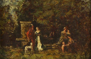Elegáns figurák egy erdei tisztásban, 1860-80 körül (olaj, panel)