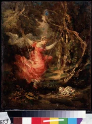"Sur la balancoire" (A hintán) Adolphe-Thomas-Joseph (Adolphe Thomas Joseph) Monticelli (1824-1886) festménye. Olaj, fa. Puskin Múzeum, Moszkva