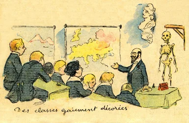 Osztályfőnök az egyenruhás iskolások előtt, egy "vidáman dekorált" teremben (földrajztérképek, Marianne mellszobra és... csontváz!) 1900-ban. A. Wilette rajza a Depeche de Toulouse 41. számának október 12-i, illusztrált mellékletében.