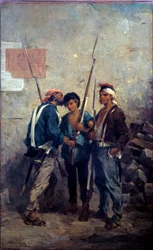 1848-as forradalom: „” a szlogen””” A párizsi felkelők szót adnak a barikádok közelében 1848. február 24-én. Adolphe Pierre Leleux (1812-1891) festménye 1848 V. 0,93x0,58 m
