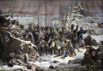 Michel Ney marsall (1769-1815) visszavonul Oroszországból 1812-ben. Metszet Yvon festménye nyomán.