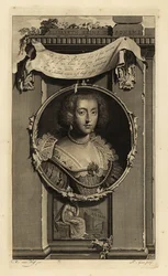 Erzsébet Stuart, Cseh királynője, Pfalz választónője, V. Frigyes, a téli király felesége. Elisabeth, Reine de Boheme. Ruhában szabdalt ujjú, gyöngyös csipkegallérral. Egy lehullott koronán tűnődő nő matricája. Rézmetszet