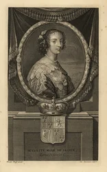 Henrietta Maria francia, I. Károly angol király felesége. Henriette Marie de France. Ruhában csipkegallérral, gyöngy nyaklánccal. Koronával és címerrel. Charles Simonneau rézmetszete Adriaen van der Werff nyomán Isaac de Larrey H című művéből