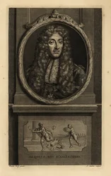 Jakab angol király, VII. Jakab skót, Jacques II Roy d’Angleterre. Parókában, csipkekendőben, láncban Szent György és a sárkány alakjával. Vignette egy római császárt ábrázol, amint elveszíti a koronáját egy katonának. Jean Audran rézmetszete hirdetés után